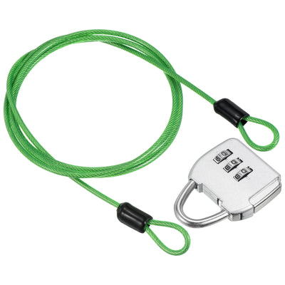 Harfington 3 Digit Combination Padlock with Security Steel Cable, 1 Set Travel Lock 3Ft Green Lock Chain for Suitcase Luggage, Silver