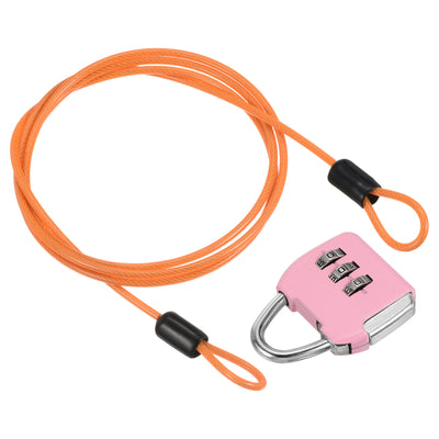 Harfington 3 Digit Combination Padlock with Security Steel Cable, 1 Set Travel Lock 3Ft Orange Lock Chain for Suitcase Luggage Pink