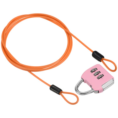 Harfington 3 Digit Combination Padlock with Security Steel Cable, 1 Set Travel Lock 5Ft Orange Lock Chain for Suitcase Luggage Pink