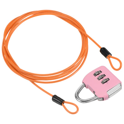 Harfington 3 Digit Combination Padlock with Security Steel Cable, 1 Set Travel Lock 6.5Ft Orange Lock Chain for Suitcase Luggage Pink