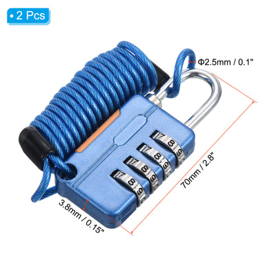 Harfington Luggage Cable Locks, 2 Pack 4 Digit Combination Padlock with 3.3Ft Spring Cable, Security Wire Lock for Gym Locker Backpack Suitcase, Blue