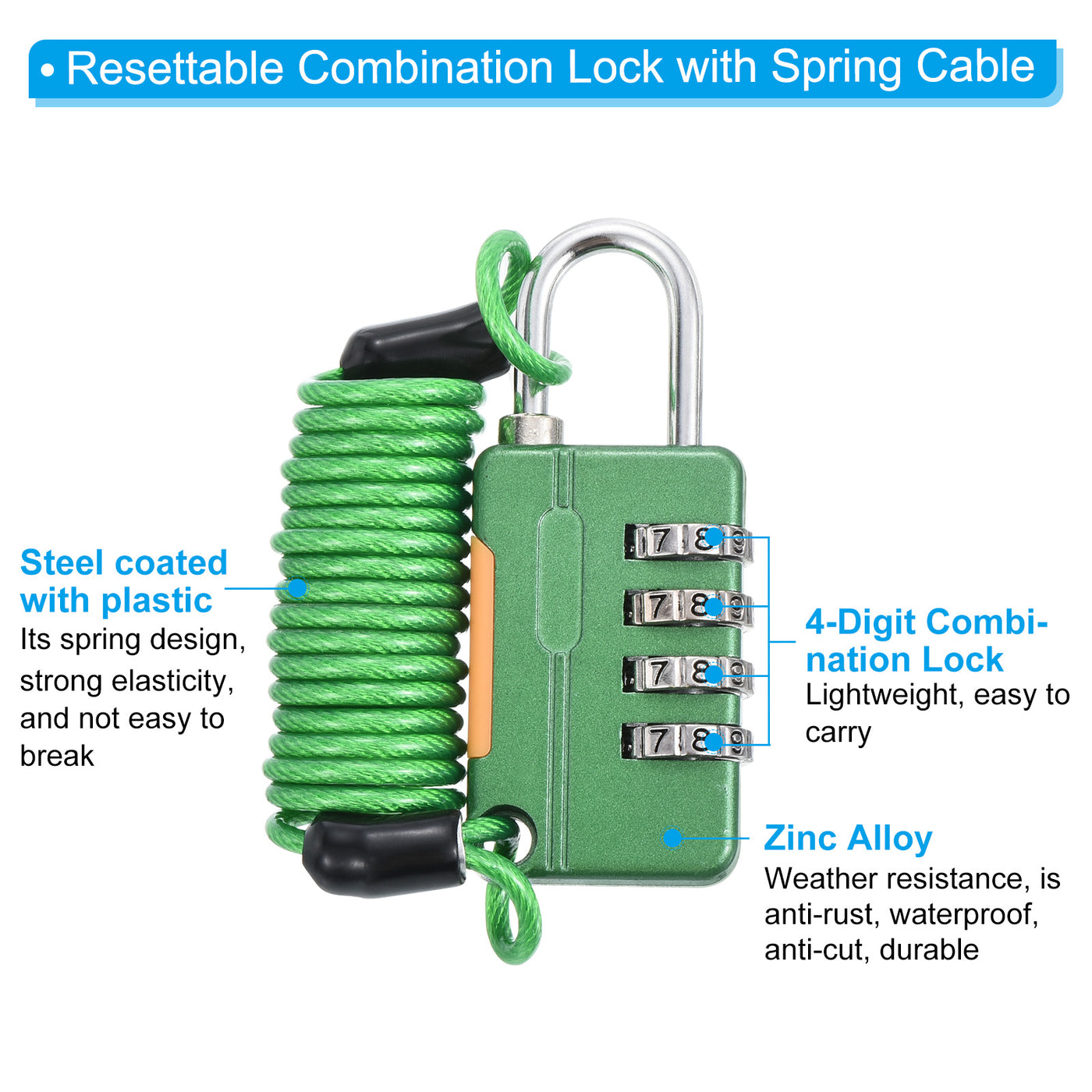 Harfington Luggage Cable Lock, 4 Digit Combination Padlock with 3.3Ft Spring Cable, Security Wire Lock for Gym Locker Backpack Suitcase, Green