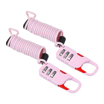 Harfington 3 Digit Combination Lock with Spring Cable, 2 Pack Helmet Padlock 3.3Ft Flexible Security Steel Lock Wire for Bike Locker Travel Luggage, Pink