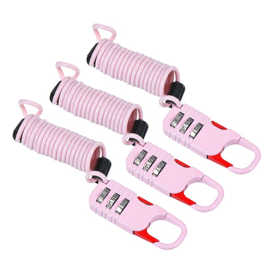 Harfington 3 Digit Combination Lock with Spring Cable, 3 Pack Helmet Padlock 3.3Ft Flexible Security Steel Lock Wire for Bike Locker Travel Luggage, Pink