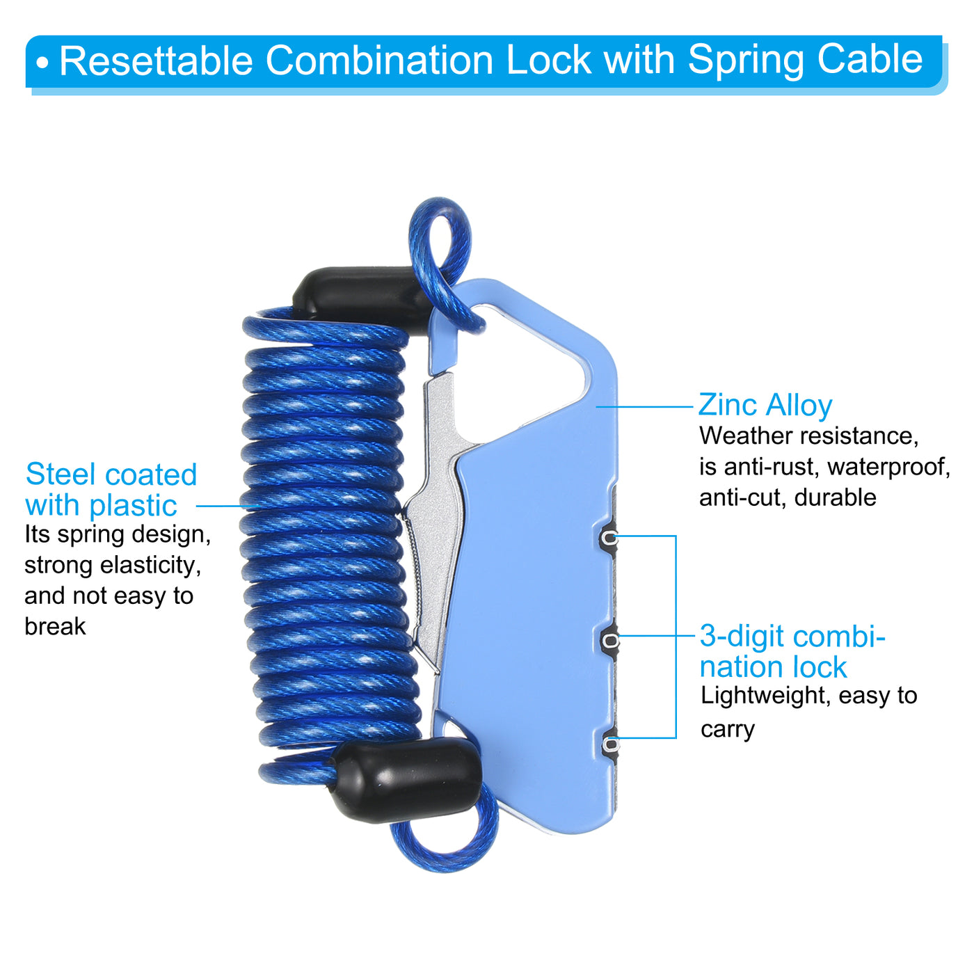 Harfington Helmet Lock with Spring Cable, 2 Pack Anti-Theft 3 Digit Combination Padlock 3.3Ft Bike Lock Wire for Locker Travel Luggage, Blue