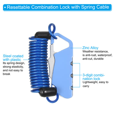 Harfington Helmet Lock with Spring Cable, 2 Pack Anti-Theft 3 Digit Combination Padlock 3.3Ft Bike Lock Wire for Locker Travel Luggage, Blue