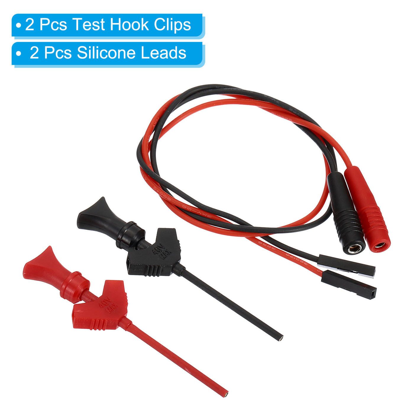 Harfington Test Hook Clips Set, 2 Pcs Mini Hook with Silicone Jumper Wire Lead for Multi-Meter, Electrical Experiment, Red Black