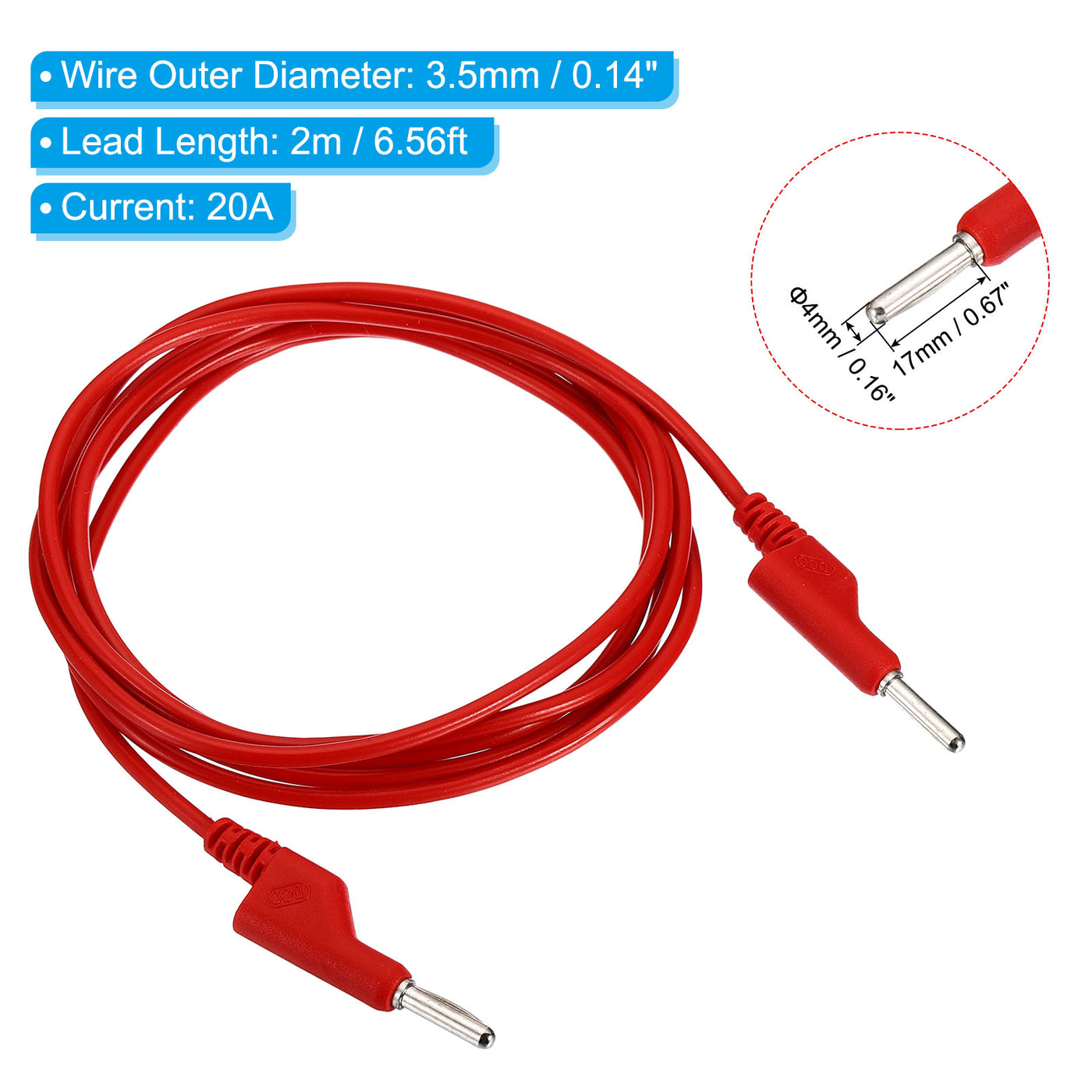 Harfington 2M Banana Plug to Banana Plug Test Leads, 3.5mm OD 1000V/20A 15AWG Cable, Red