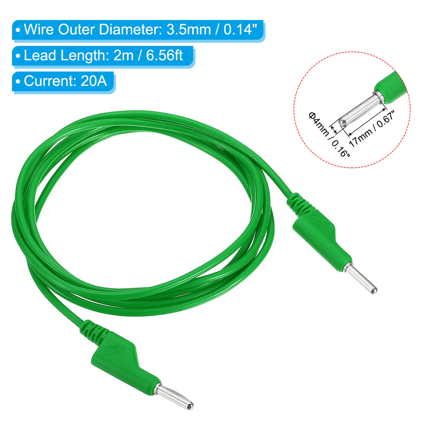 Harfington 2M Banana Plug to Banana Plug Test Leads, 3.5mm OD 1000V/20A 15AWG Cable, Green