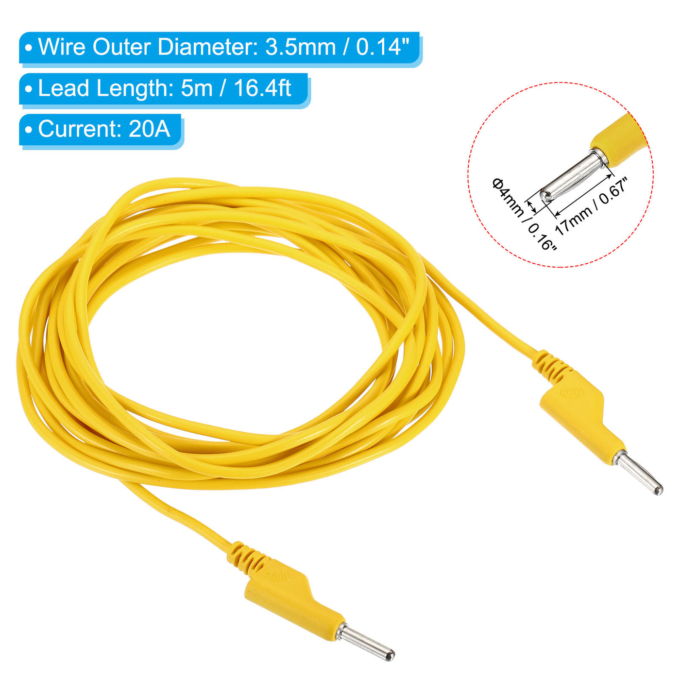 Harfington 5M Banana Plug to Banana Plug Test Leads, 3.5mm OD 1000V/20A 15AWG Cable, Yellow