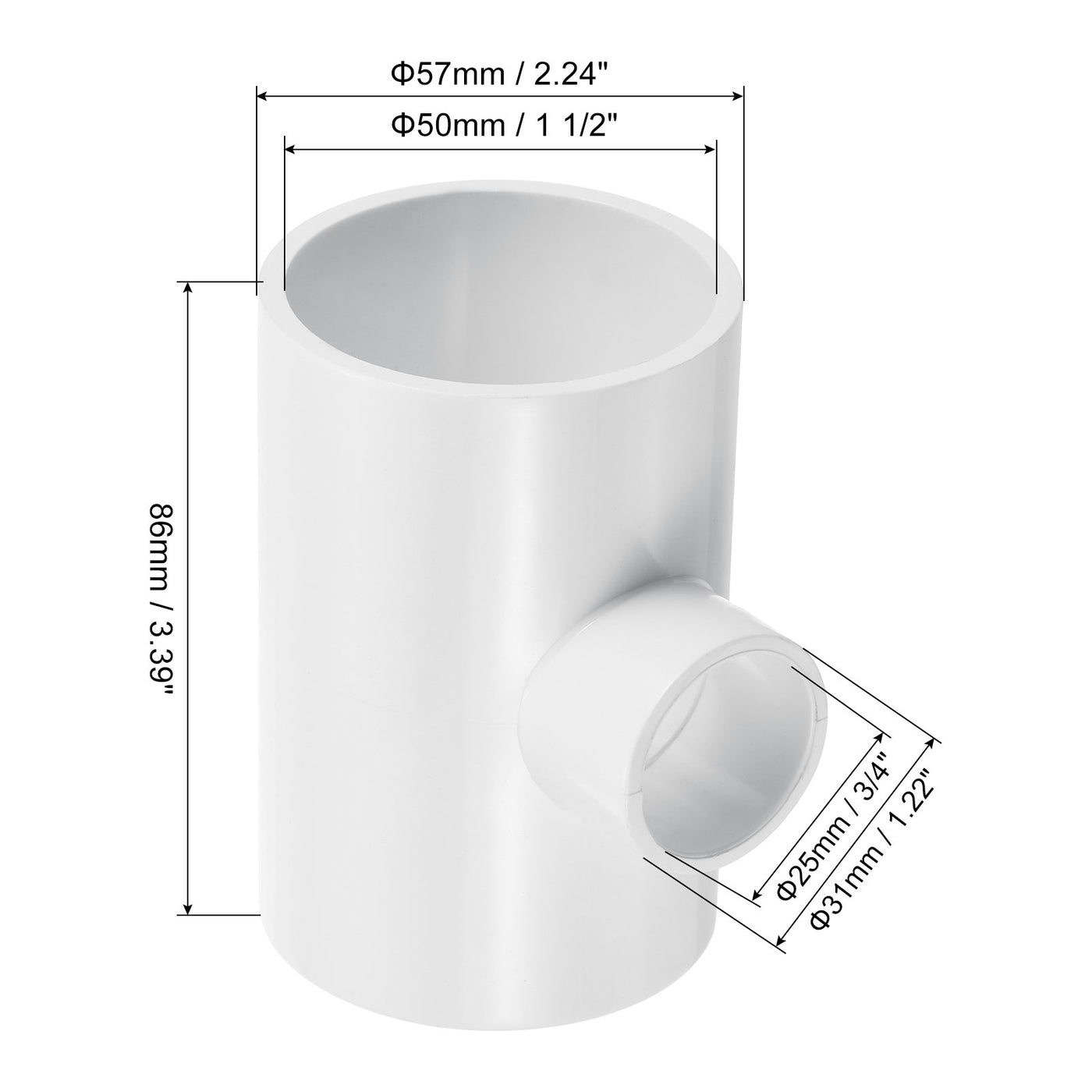 Harfington 1 1/2" x 3/4" 3 Way Tee Pipe Fittings UPVC, Joint Coupling Pipe Adapter, White