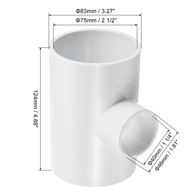 Harfington 2 1/2" x 1 1/4" 3 Way Tee Pipe Fittings UPVC, 2 Pack Joint Coupling Pipe, White