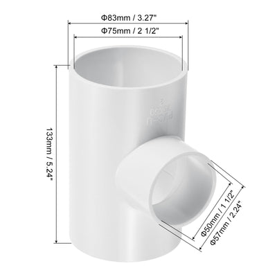 Harfington 2 1/2" x 1 1/2" 3 Way Tee Pipe Fittings UPVC, 2 Pack Joint Coupling Pipe, White