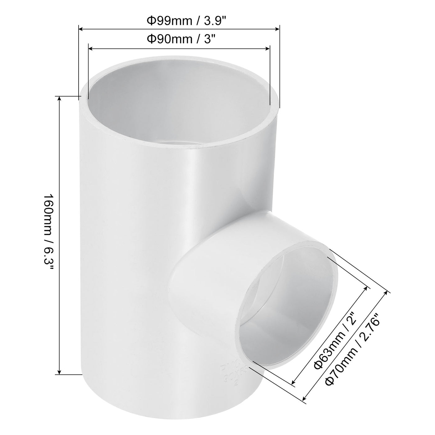 Harfington 3" x 2" 3 Way Tee Pipe Fittings UPVC, Joint Coupling Pipe Adapter, White