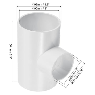 Harfington 3" x 2" 3 Way Tee Pipe Fittings UPVC, Joint Coupling Pipe Adapter, White