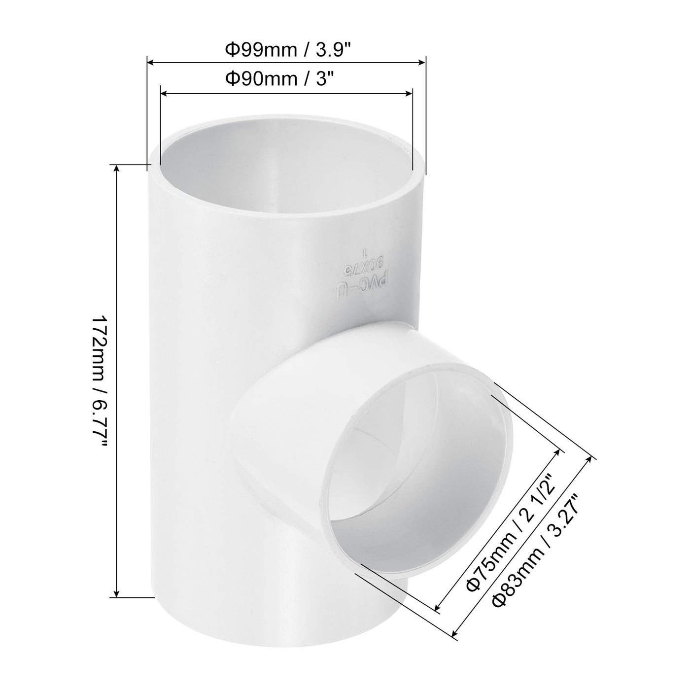 Harfington 3" x 2 1/2" 3 Way Tee Pipe Fittings UPVC, 2 Pack Joint Coupling Pipe, White