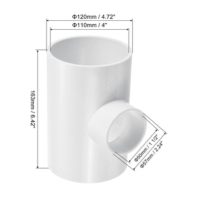 Harfington 4" x 2" 3 Way Tee Pipe Fittings UPVC, Joint Coupling Pipe Adapter, White