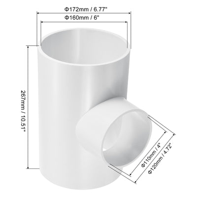 Harfington 6" x 4" 3 Way Tee Pipe Fittings UPVC, Joint Coupling Pipe Adapter, White