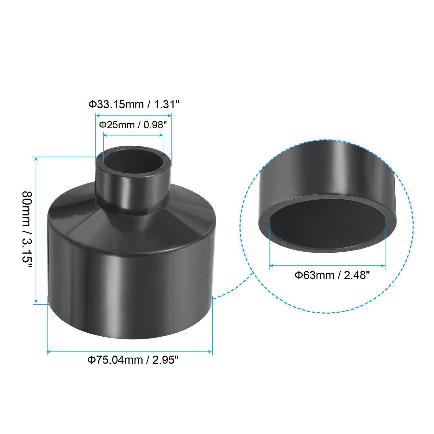 Harfington UPVC Reducer Pipe Fitting 2.5x1 Inch Socket, Straight Coupling Adapter Connector, Grey