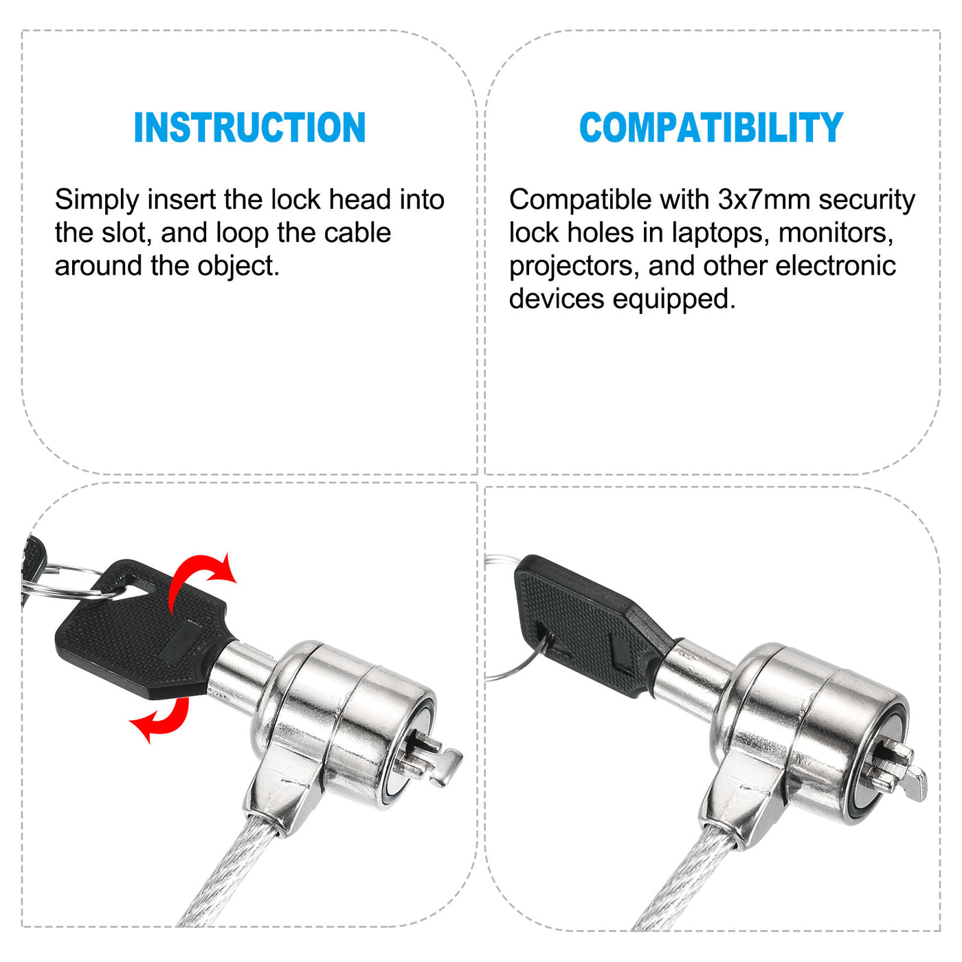 Harfington Laptop Cable Lock 5 Ft Security Cable, Hardware Anti Theft Lock with 2 Keys for Computer Monitors Notebook Other Devices, Silver