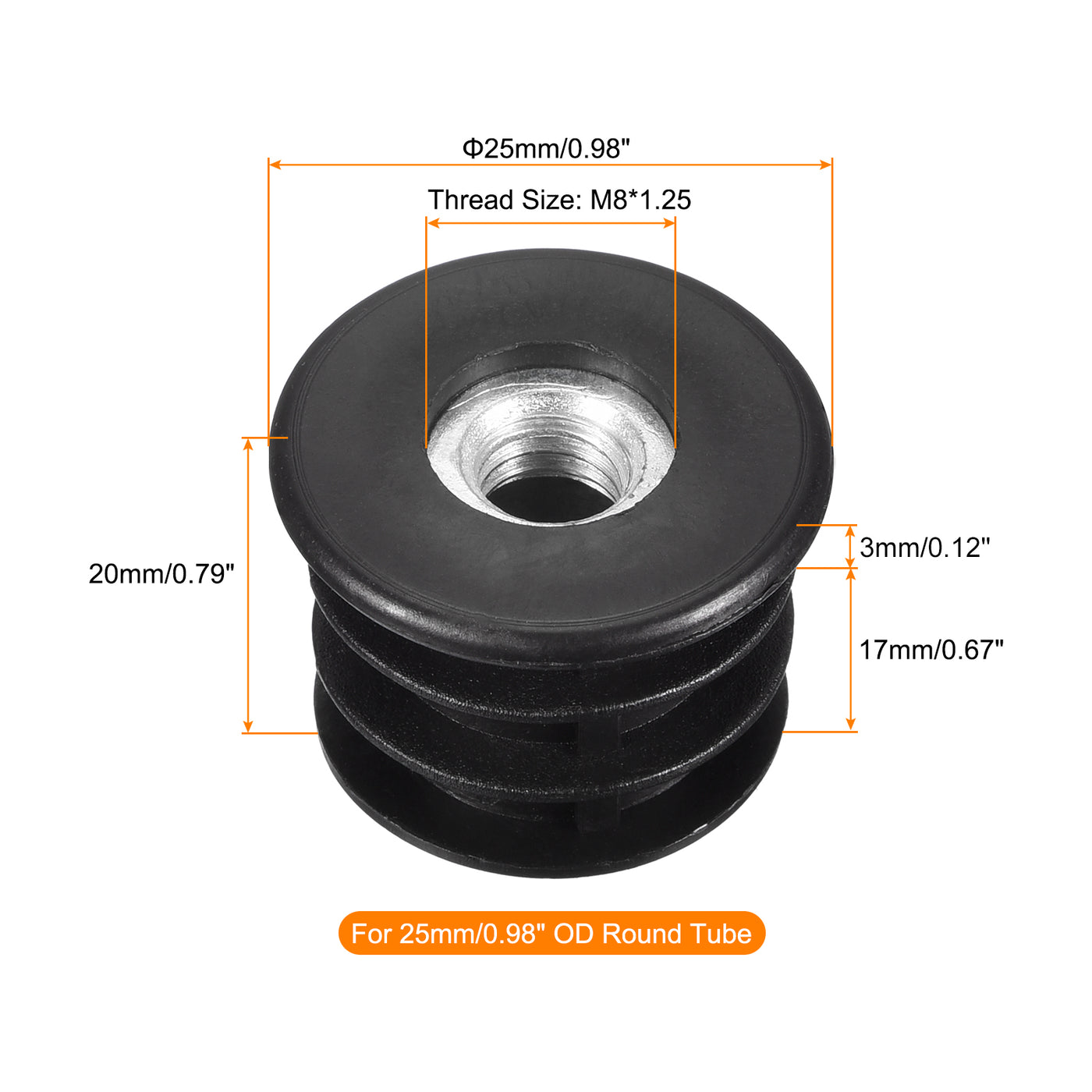 uxcell Uxcell 24Stk Einsätze für Runde Rohre mit M8 Gewinde für 25mm/0.98" AD Runde Rohr Runde Schwarz Plastik Möbel Bein Stopfen Nachlauf Einsatz Stuhl Endkappen