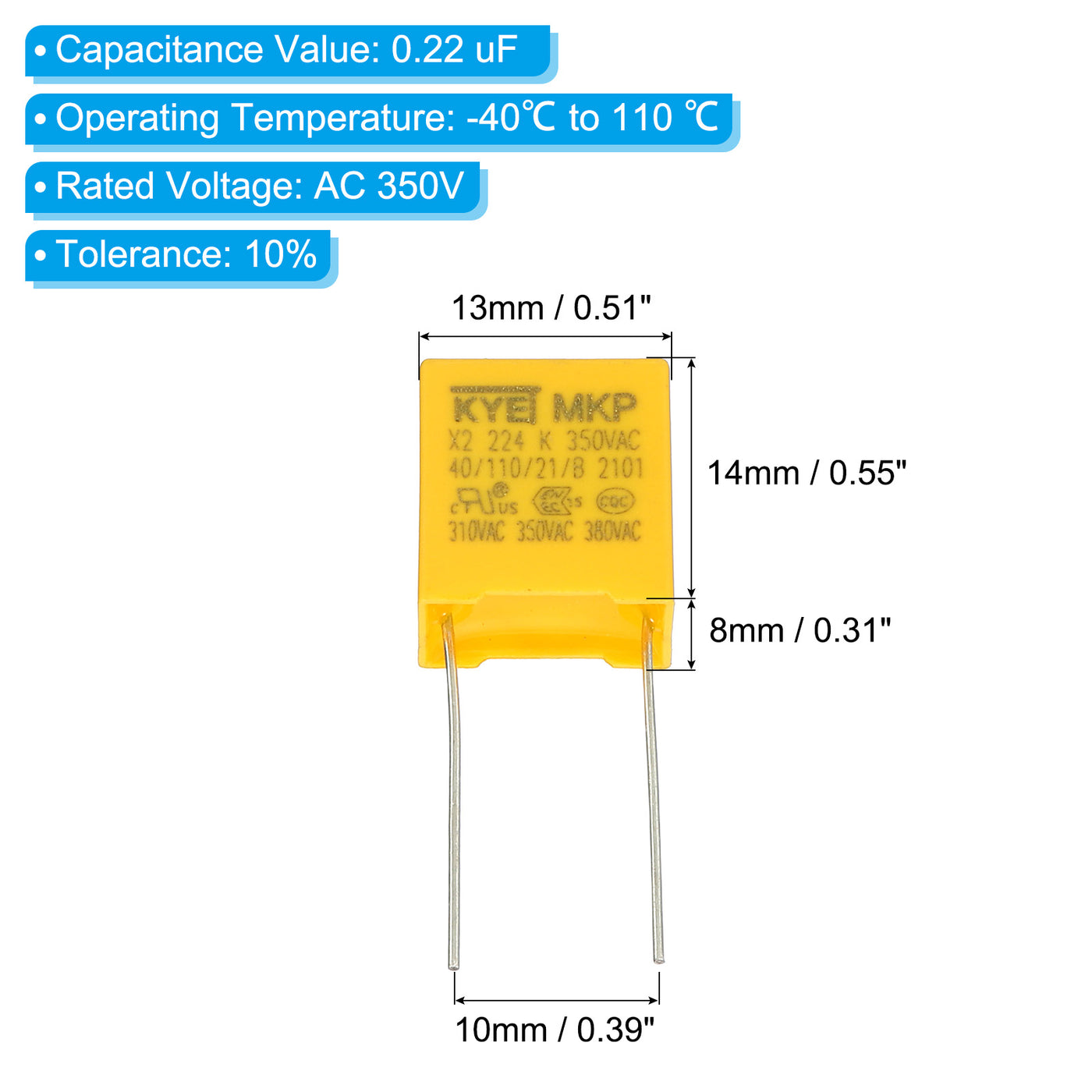 Harfington Safety Capacitors, 10 Pack 0.22uF AC 350V 10mm Pin Pitch 13x14x8mm Polypropylene Film Capacitor Assortment Kit for DIY Electronic Products