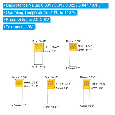 Harfington Safety Capacitors, 1 Set/50 Pcs 0.001/0.01/0.022/0.047/0.1uF AC 310V 5 Values Polypropylene Film Capacitor Assortment Kit