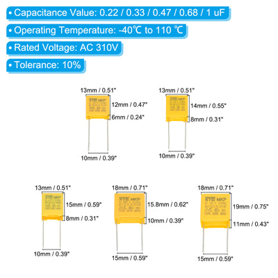 Harfington Safety Capacitors, 1 Set/25 Pcs 0.22/0.33/0.47/0.68/1uF AC 310V 5 Values Polypropylene Film Capacitor Assortment Kit