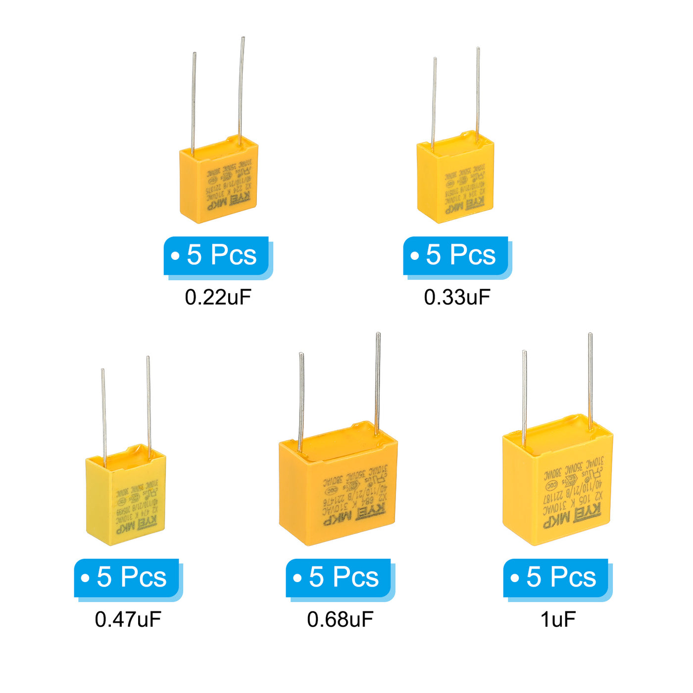 Harfington Safety Capacitors, 1 Set/25 Pcs 0.22/0.33/0.47/0.68/1uF AC 310V 5 Values Polypropylene Film Capacitor Assortment Kit