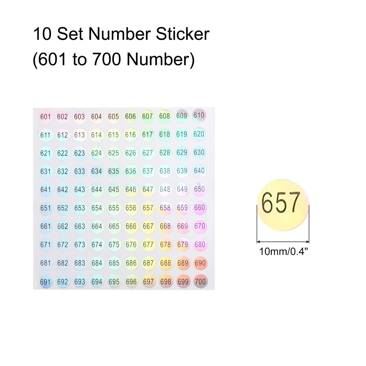 Harfington Laser Number Stickers, Number 601 to 700 Round Self Adhesive Reflective Sticker for Inventory, Storage Organizing, 10 Sheets(1000pcs)