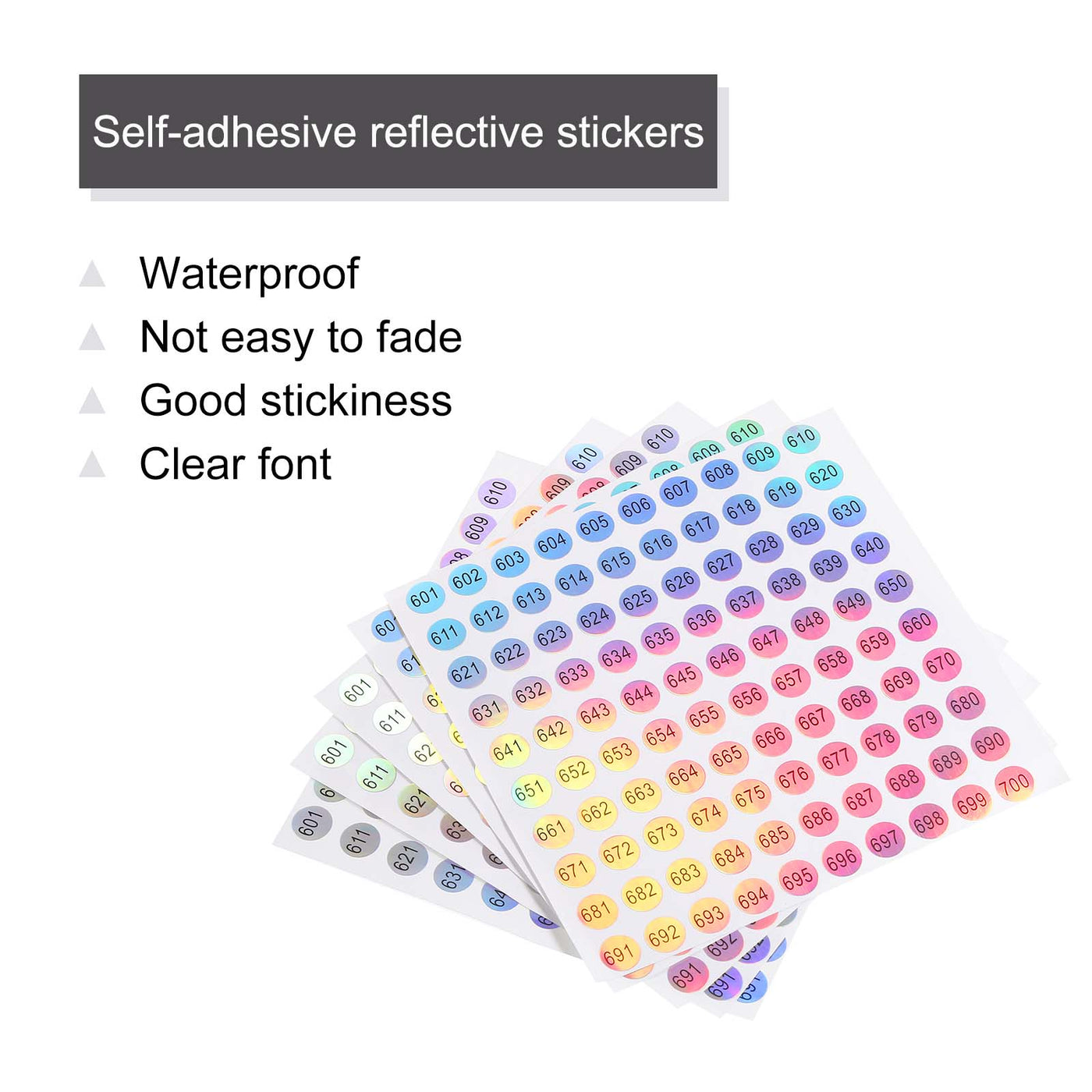 Harfington Laser Number Stickers, Number 601 to 700 Round Self Adhesive Reflective Sticker for Inventory, Storage Organizing, 10 Sheets(1000pcs)