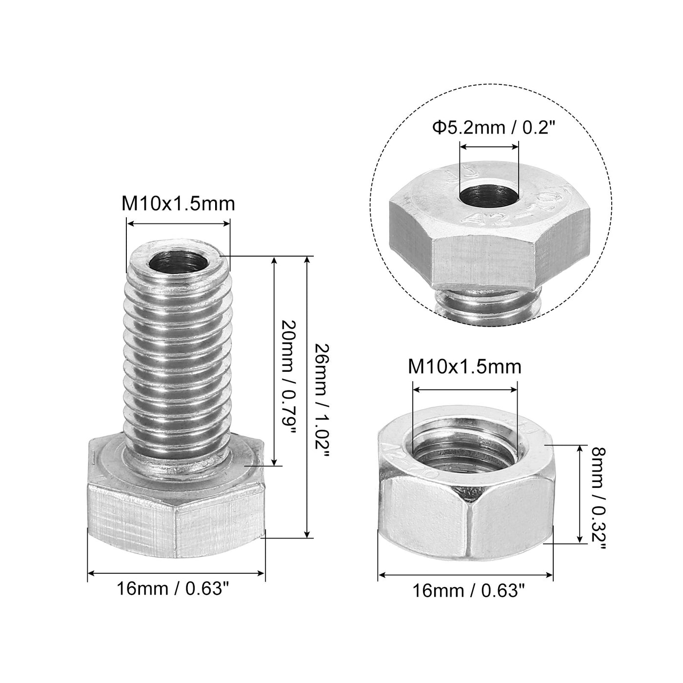 Harfington M10x20mm Hollow External Hexagon Screw, 3 Set Cylindrical Lamp Threading Socket Screws Through Hole Bolt with Nut 304 Stainless Steel