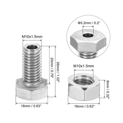 Harfington M10x20mm Hollow External Hexagon Screw, 3 Set Cylindrical Lamp Threading Socket Screws Through Hole Bolt with Nut 304 Stainless Steel