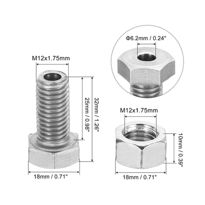 Harfington M12x25mm Hollow External Hexagon Screw, 2 Set Cylindrical Lamp Threading Socket Screws Through Hole Bolt with Nut 304 Stainless Steel