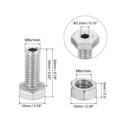 Harfington M6x16mm Hollow External Hexagon Screw, 3 Set Cylindrical Lamp Threading Socket Screws Through Hole Bolt with Nut 304 Stainless Steel