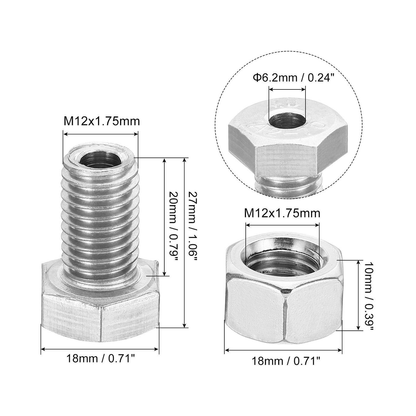 Harfington M12x20mm Hollow External Hexagon Screw, 3 Set Cylindrical Lamp Threading Socket Screws Through Hole Bolt with Nut 304 Stainless Steel