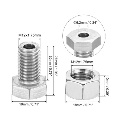 Harfington M12x20mm Hollow External Hexagon Screw, 3 Set Cylindrical Lamp Threading Socket Screws Through Hole Bolt with Nut 304 Stainless Steel