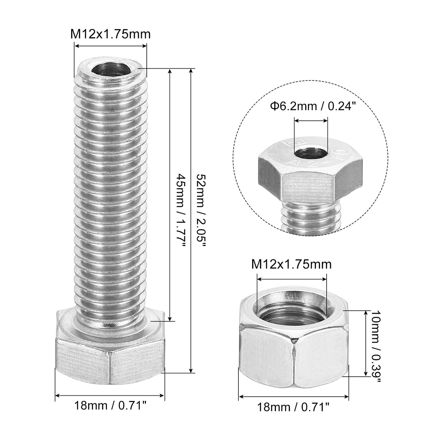 Harfington M12x45mm Hollow External Hexagon Screw, 3 Set Cylindrical Lamp Threading Socket Screws Through Hole Bolt with Nut 304 Stainless Steel