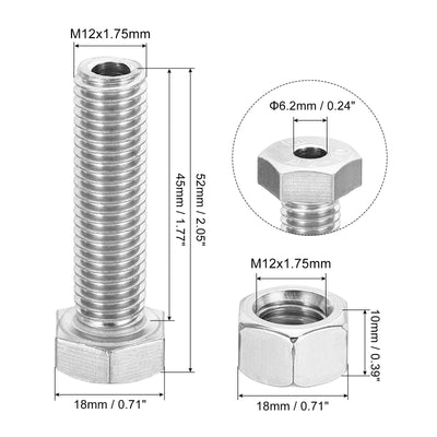 Harfington M12x45mm Hollow External Hexagon Screw, 3 Set Cylindrical Lamp Threading Socket Screws Through Hole Bolt with Nut 304 Stainless Steel