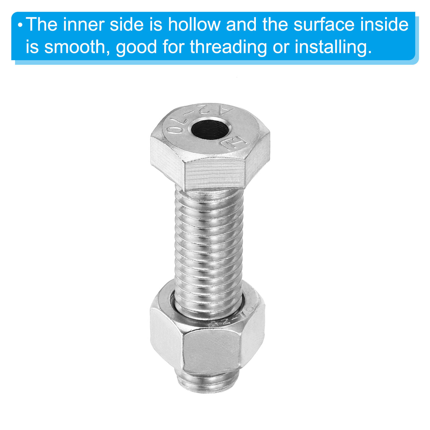 Harfington M12x45mm Hollow External Hexagon Screw, 3 Set Cylindrical Lamp Threading Socket Screws Through Hole Bolt with Nut 304 Stainless Steel