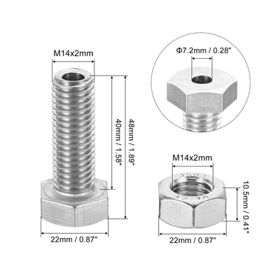 Harfington M14x40mm Hollow External Hexagon Screw, 1 Set Cylindrical Lamp Threading Socket Screws Through Hole Bolt with Nut 304 Stainless Steel