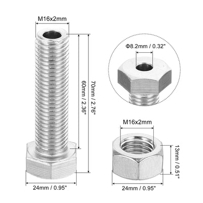 Harfington M16x60mm Hollow External Hexagon Screw, 1 Set Cylindrical Lamp Threading Socket Screws Through Hole Bolt with Nut 304 Stainless Steel