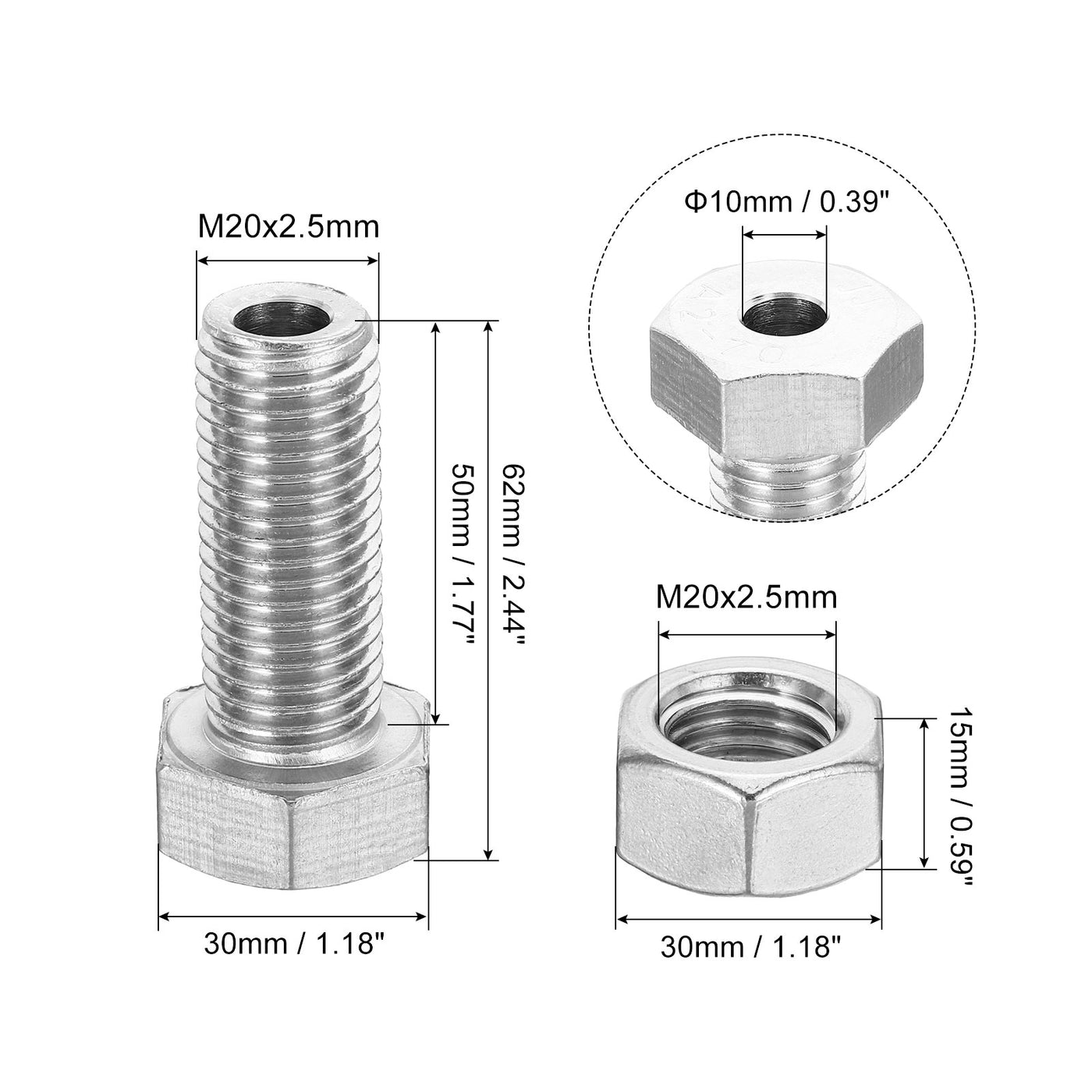 Harfington M20x50mm Hollow External Hexagon Screw, 1 Set Cylindrical Lamp Threading Socket Screws Through Hole Bolt with Nut 304 Stainless Steel