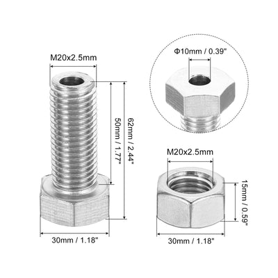 Harfington M20x50mm Hollow External Hexagon Screw, 1 Set Cylindrical Lamp Threading Socket Screws Through Hole Bolt with Nut 304 Stainless Steel