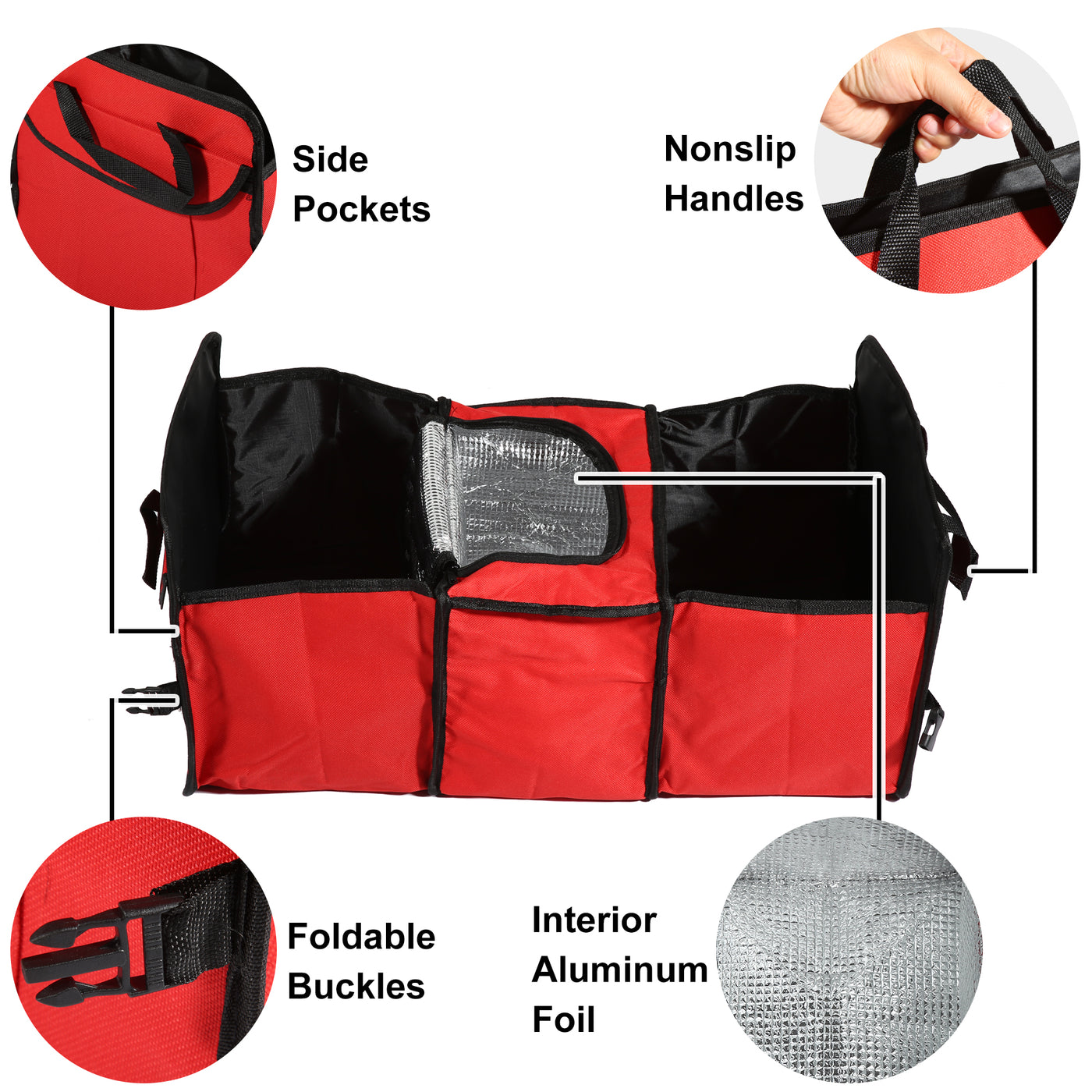 X AUTOHAUX Car Trunk Foldable Organizer Thermal Insulation Cold Preservation with Aluminum Foil Multi Compartments Cooling Bag Red