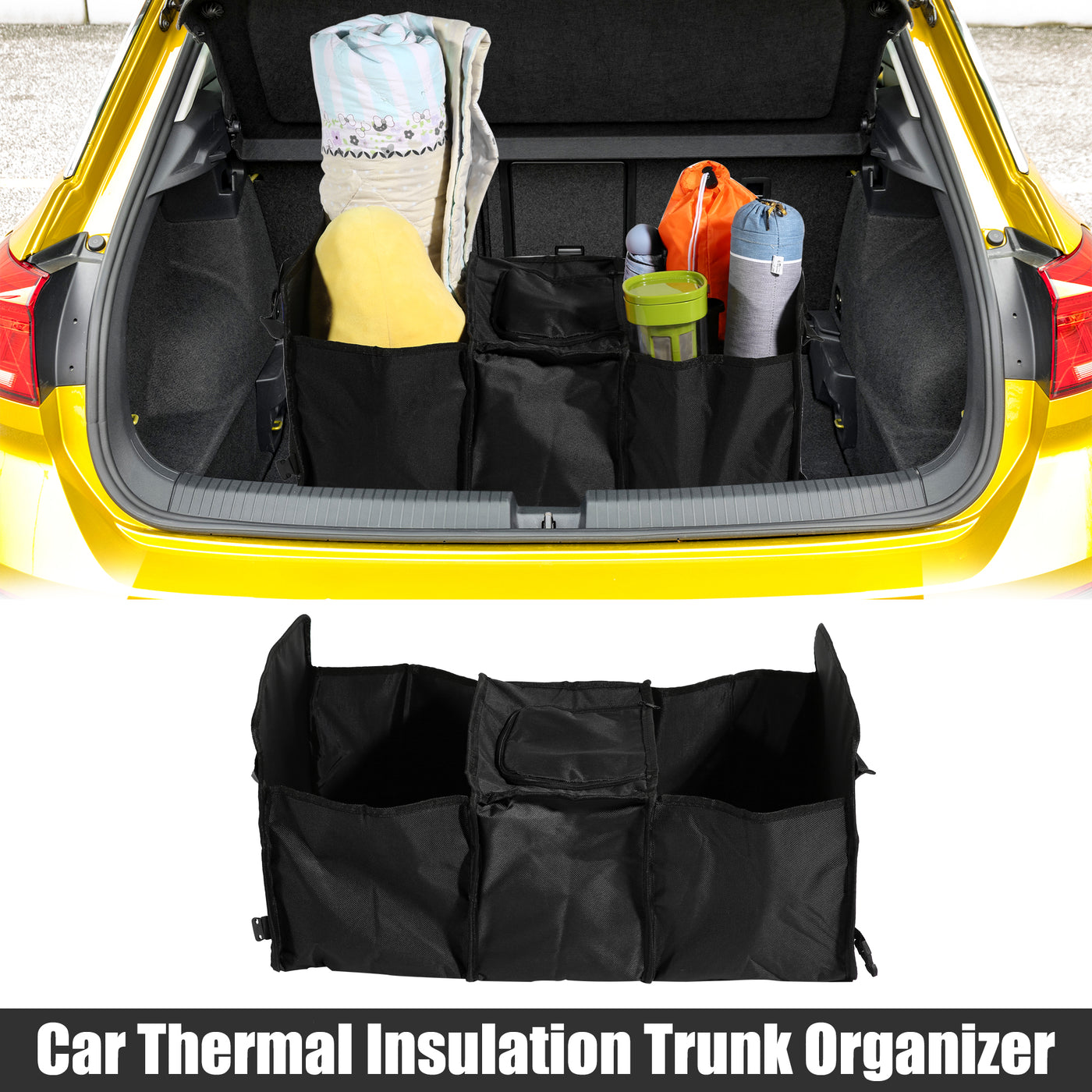 X AUTOHAUX Car Trunk Foldable Organizer Mesh Storage Pockets Thermal Insulation Cold Preservation with Aluminum Foil Multi Compartments Cooling Bag Black