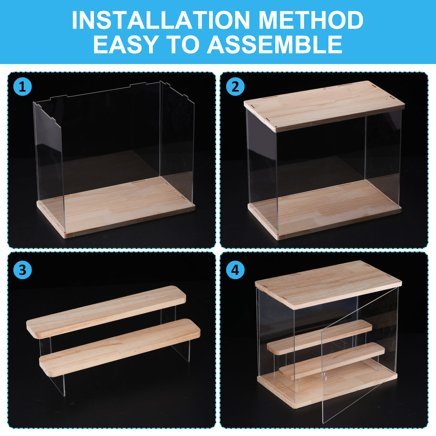 Harfington Acrylic Display Case with LED Light, 2 Tier Transparent Dustproof Showcase Display Boxes for Collectibles, Action Figures, Wood