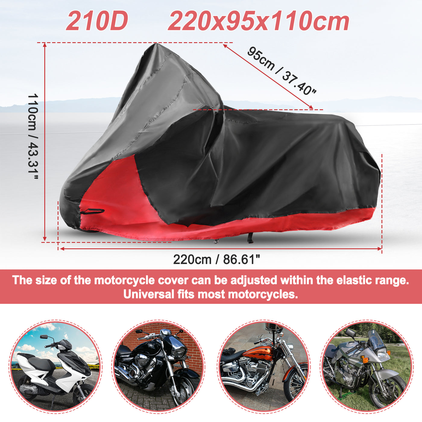 X AUTOHAUX Motorcycle Cover 2 in 1 Motorbike Cover Waterproof Rain Dust Protector for Harley Sportster Iron 883 for Honda CB CBR Cruiser Scooter Dirt Bike Models Black Red L Size