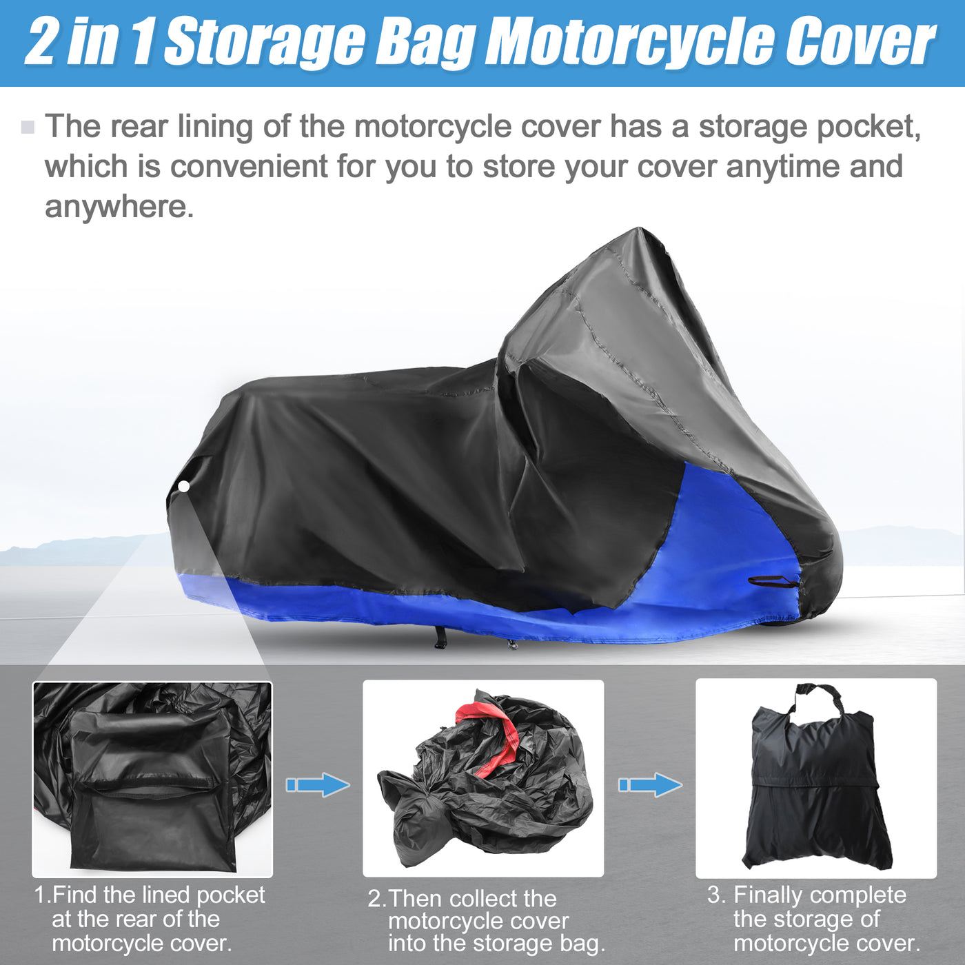 X AUTOHAUX Motorcycle Cover 2 in 1 Storage Bag Motorbike Cover Waterproof Rain Dust Protector for Harley Sportster Iron 883 Street 750 Forty-Eight Cruiser Scooter Dirt Bike Models Black Blue