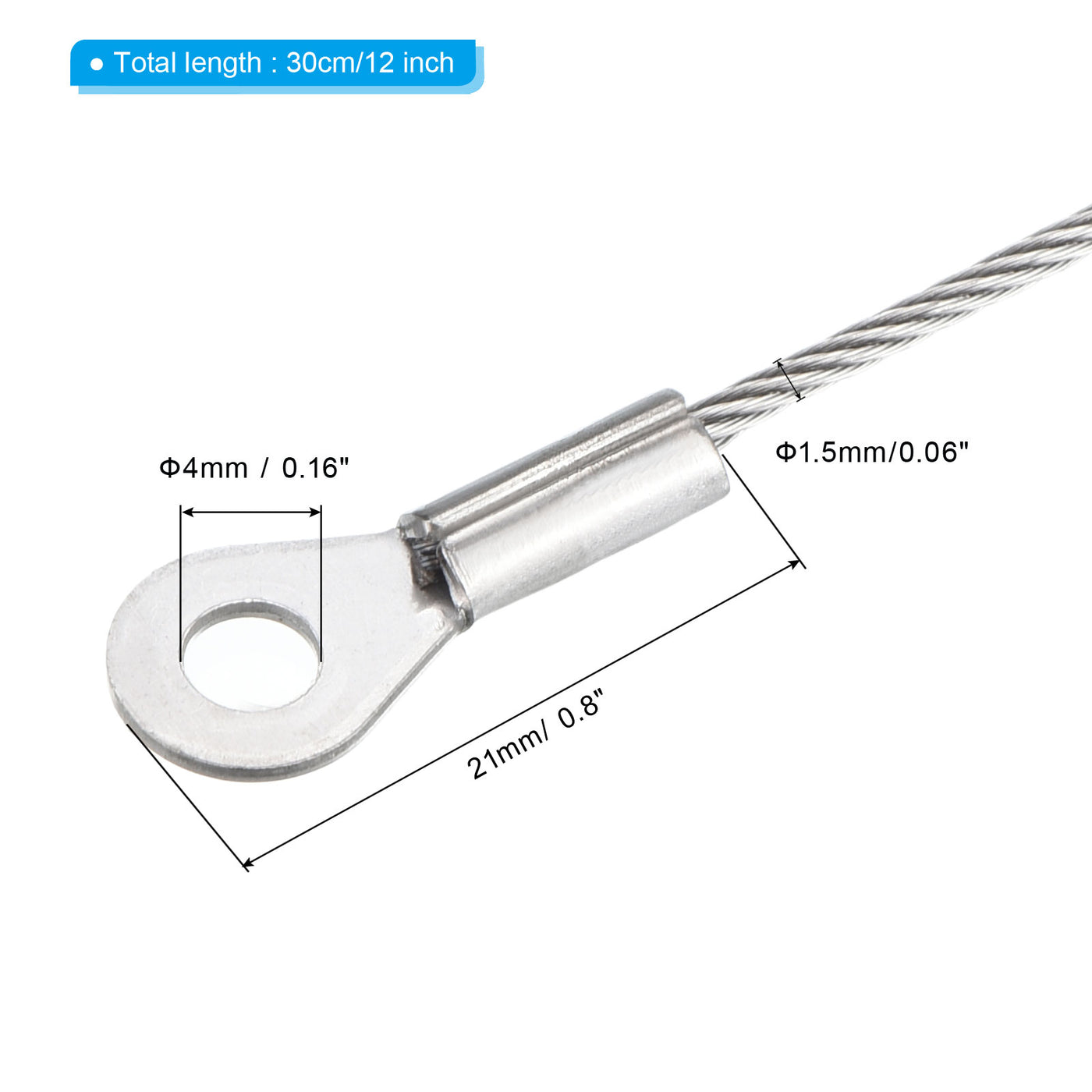 Harfington 1.5mm x 30cm Edelstahl Sicherheit Kabel 3Pack 4mm ID Ösen Abgeschlossen Sicherheit Draht Seil Gepäckschloß für Licht Außen Reise Silber